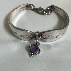 Silver and Spoon Handle Bracelet with Ornate Purple StoneCharm